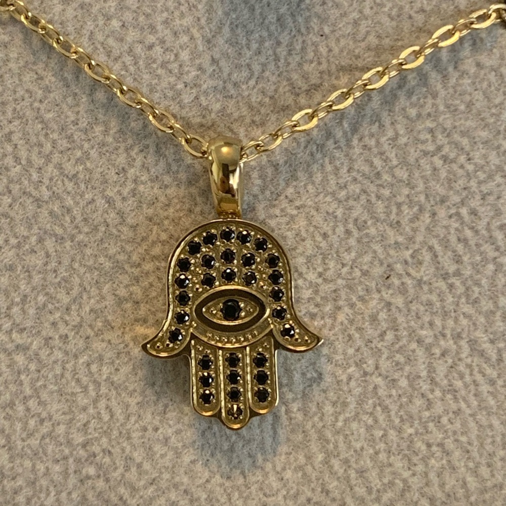 Hamsa Pendant Gold Stainless Steel and Black Cubic Zirconia Necklace 17”+1”